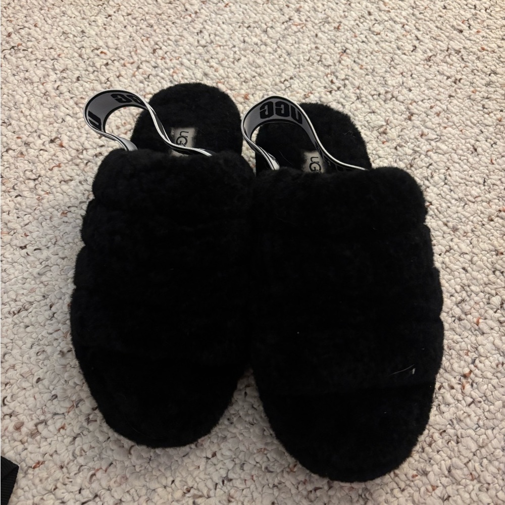 UGG Black Fluffy Slippers
